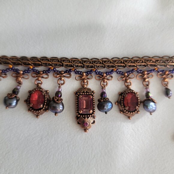 SATELLITE PARIS VINTAGE AMETHYST FACETED GLASS CHARMS/ DETAILED COPPER BRACELET - Picture 3 of 6